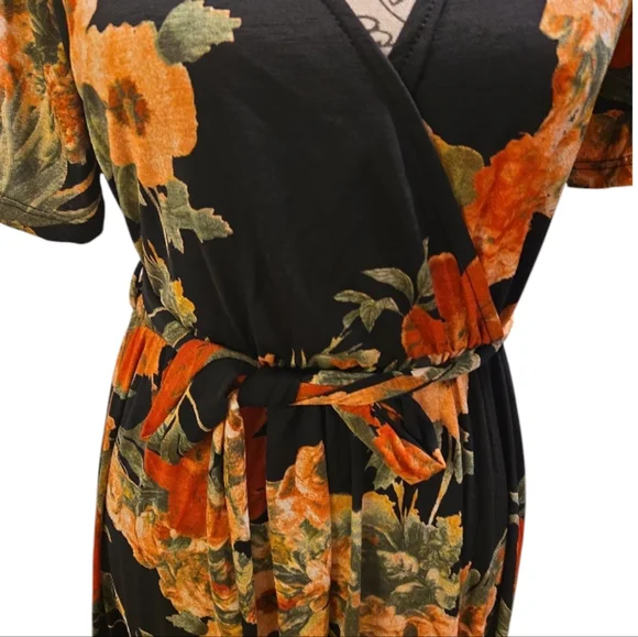 Floral Wrap Dress in Black and Orange - Picture 4 of 8